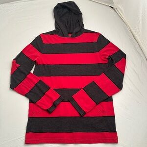 Hawk red and dark heather gray stripe long sleeve hooded t-shirt